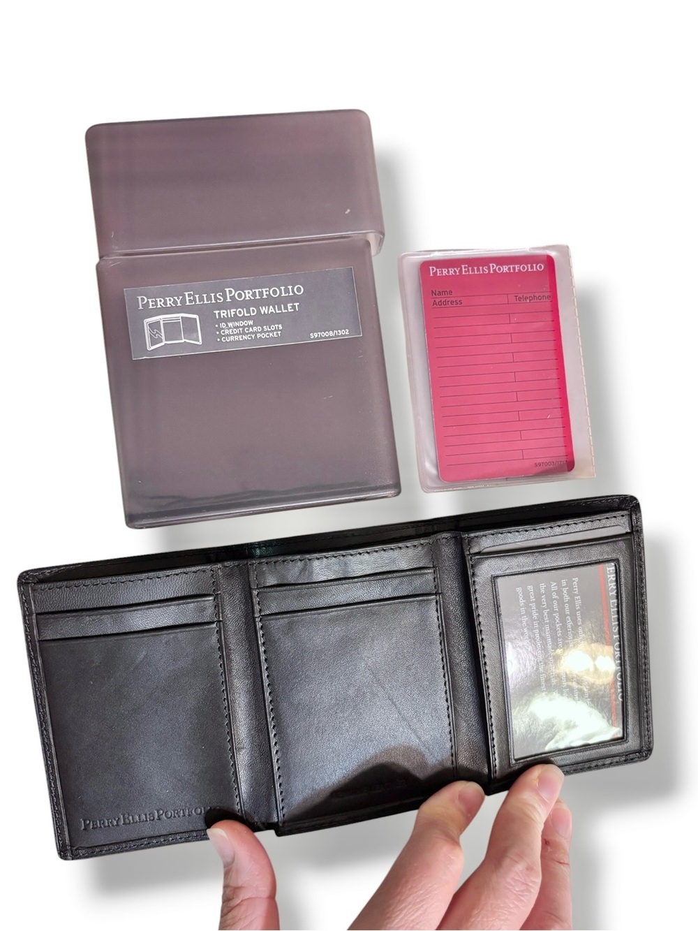 PERRY ELLIS PORTFOLIO Black Leather Tri-Fold Wallet NEW
